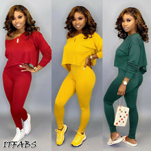 Load image into Gallery viewer, Running Set 2Pcs Women Sportswear Spandex Solid Loose Crop Long Sleeve Pullover Sports Top + Long Pants two piece set